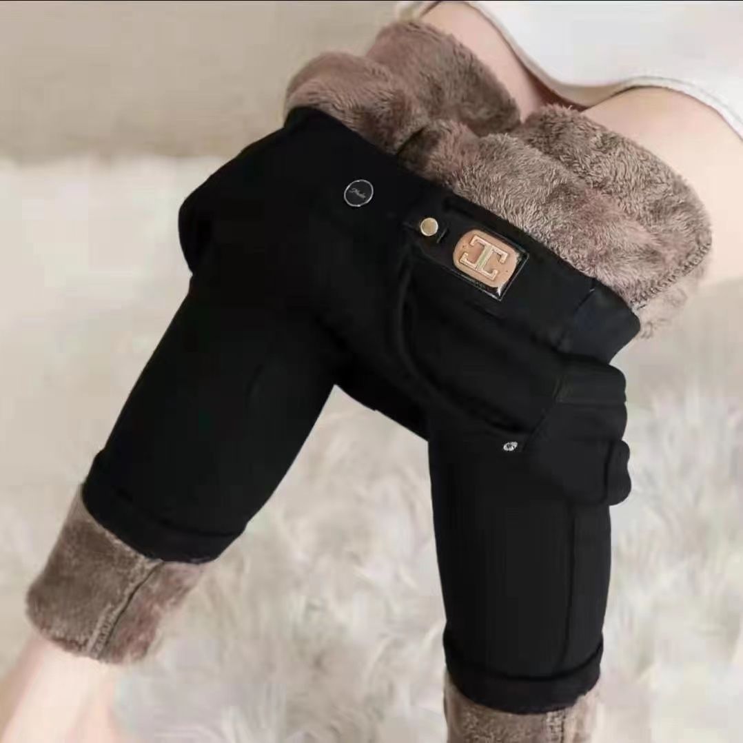 高腰羊羔絨秋冬季高彈力牛仔褲女加絨加厚保暖打底褲外穿鉛筆褲子
