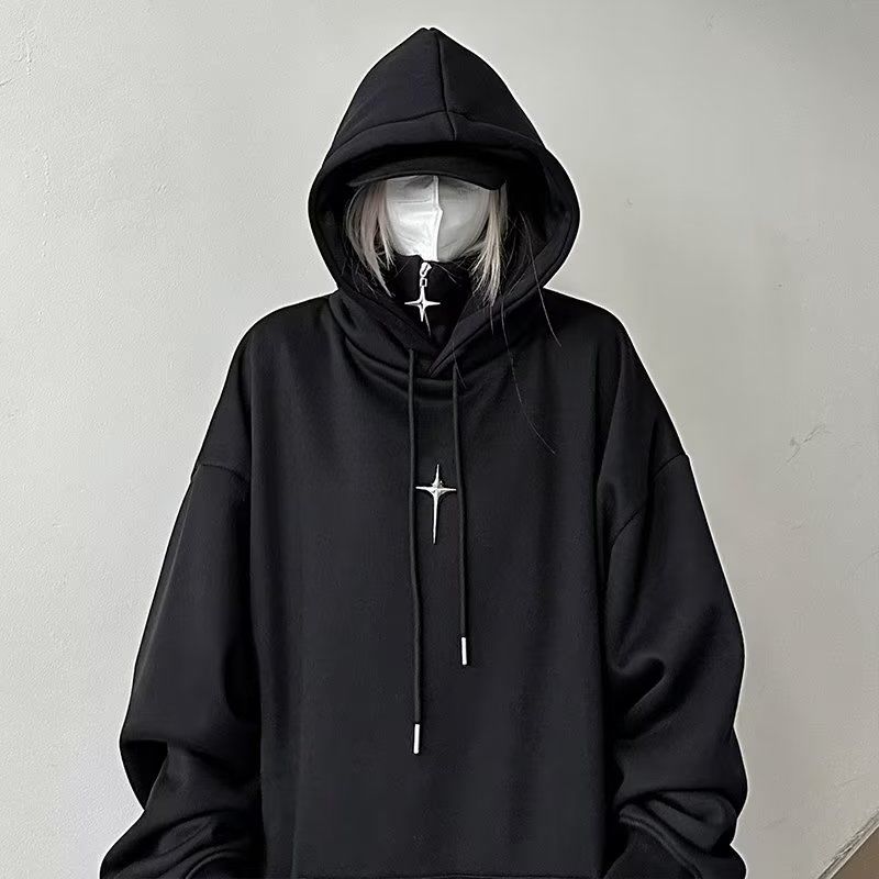 New solid color non-velvet men's casual pullover polyester popular trend sweatshirt hooded Japanese mid-length Harajuku