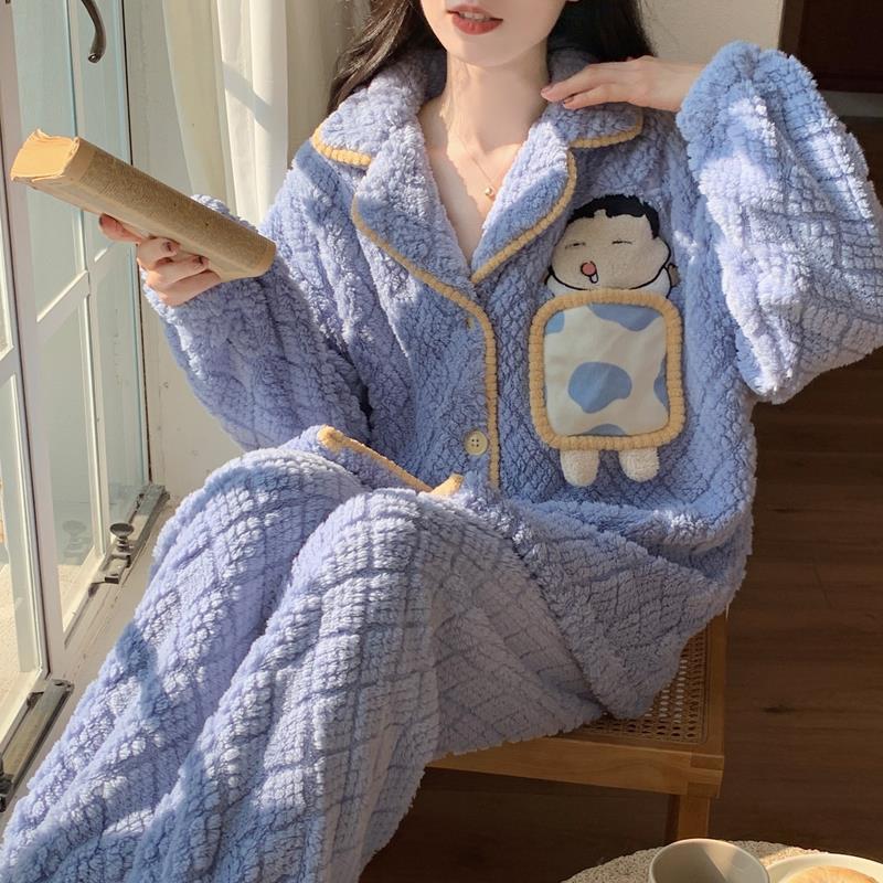 珊瑚絨睡衣女冬季加厚加絨可愛套裝法蘭絨公主風女士家居服秋冬天