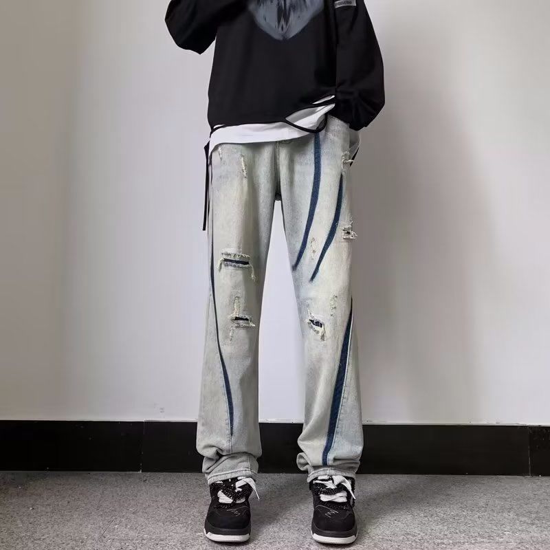 美式黃泥破洞牛仔褲男秋冬嘻哈直筒痞帥褲子高街vibe潮牌oversize