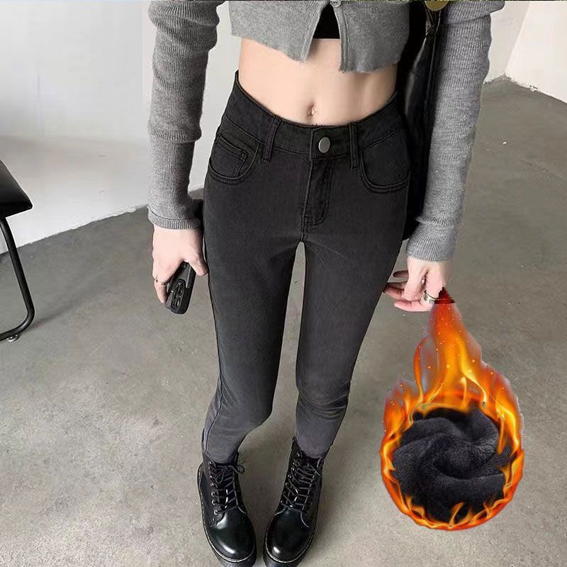 灰色加絨加厚高腰彈力修身牛仔褲女新款百搭收腹小腳高顯瘦鉛筆褲