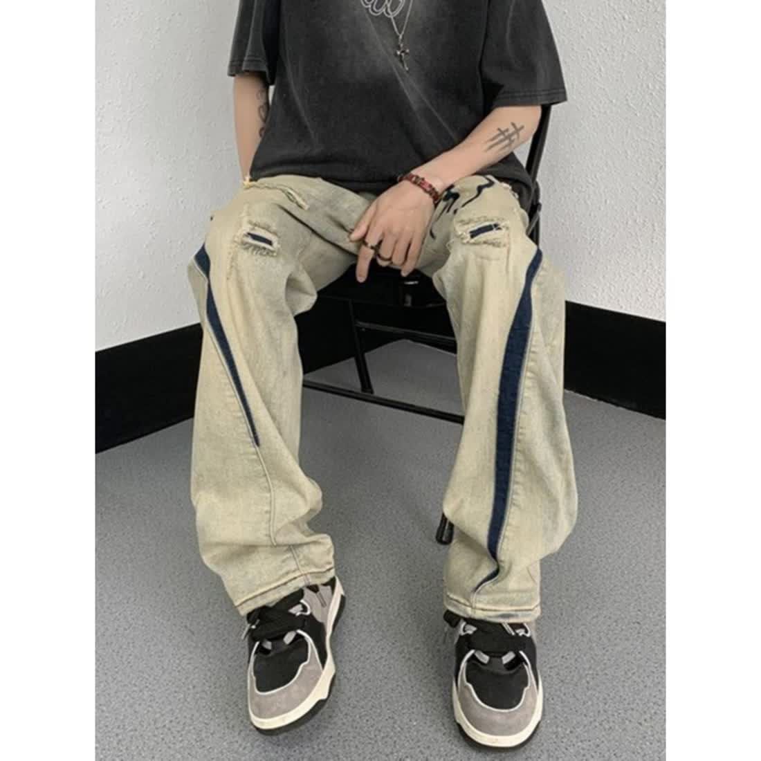 歐美設計感撞色噴印破洞牛仔褲男寬鬆直筒潮牌寬鬆痞帥老爹褲子