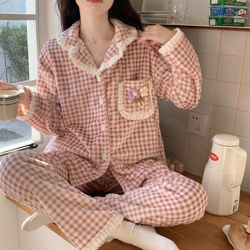 珊瑚絨睡衣女士秋冬季2023新款加厚格子可愛長袖法蘭絨家居服套裝