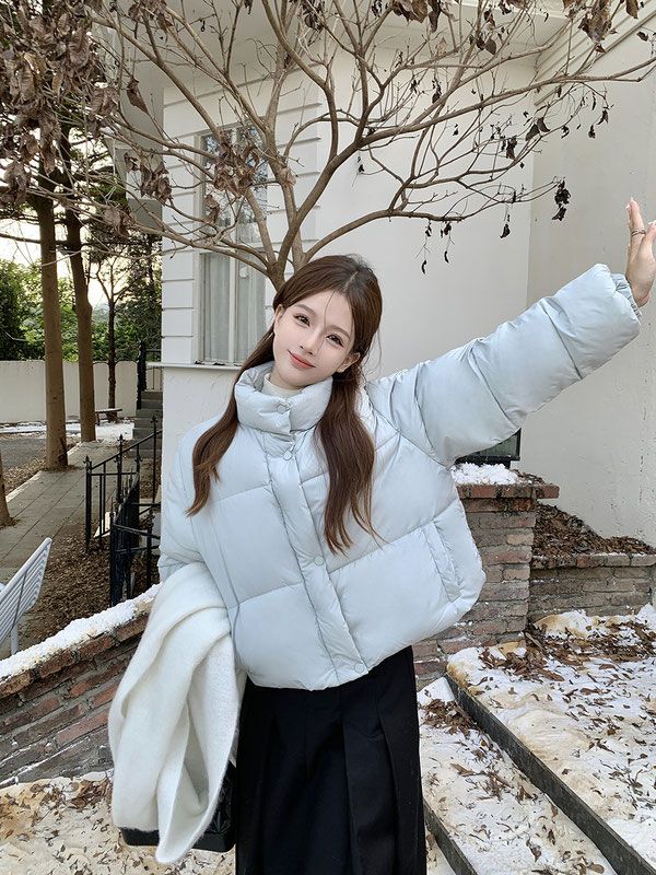 藍色立領麵包服厚外套女冬季新款韓版棉衣棉襖高級感寬鬆棉服上衣
