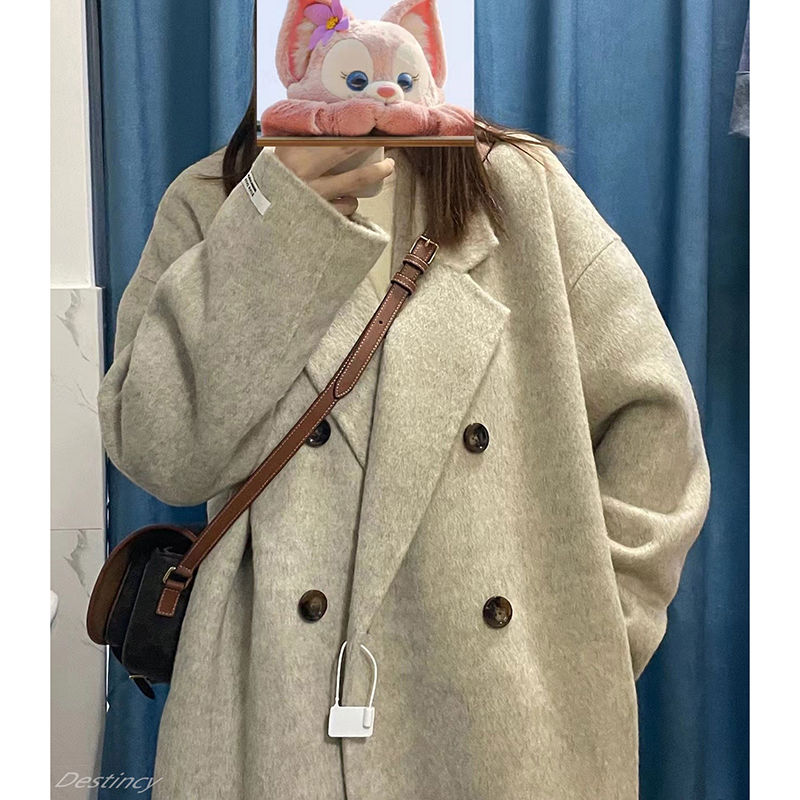 赫本風燕麥色呢子大衣女2023新款秋冬季高級感小個子加厚毛呢外套