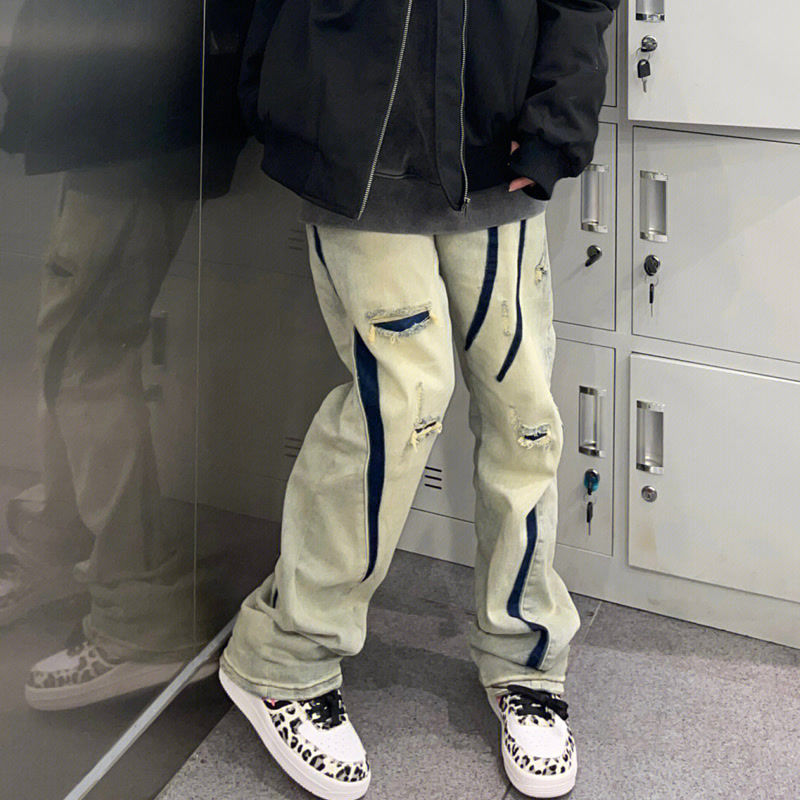 破洞牛仔褲男春秋季oversize高級感痞帥直筒黃泥色撞色噴印休閒褲