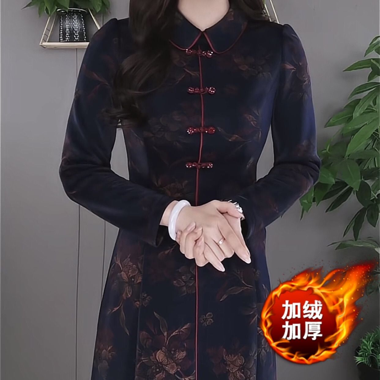 時尚加絨加厚帛萊精紡連衣裙2023新款冬季女高檔國風顯瘦媽媽裙子