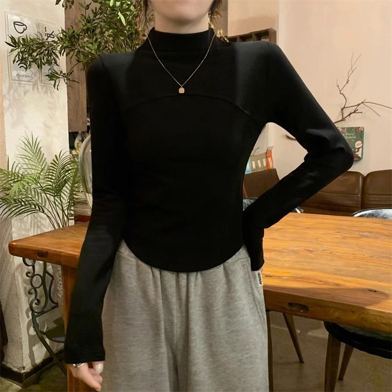 辣妹德絨半高領打底衫女2023秋冬季新款T恤保暖衣服內搭長袖上衣