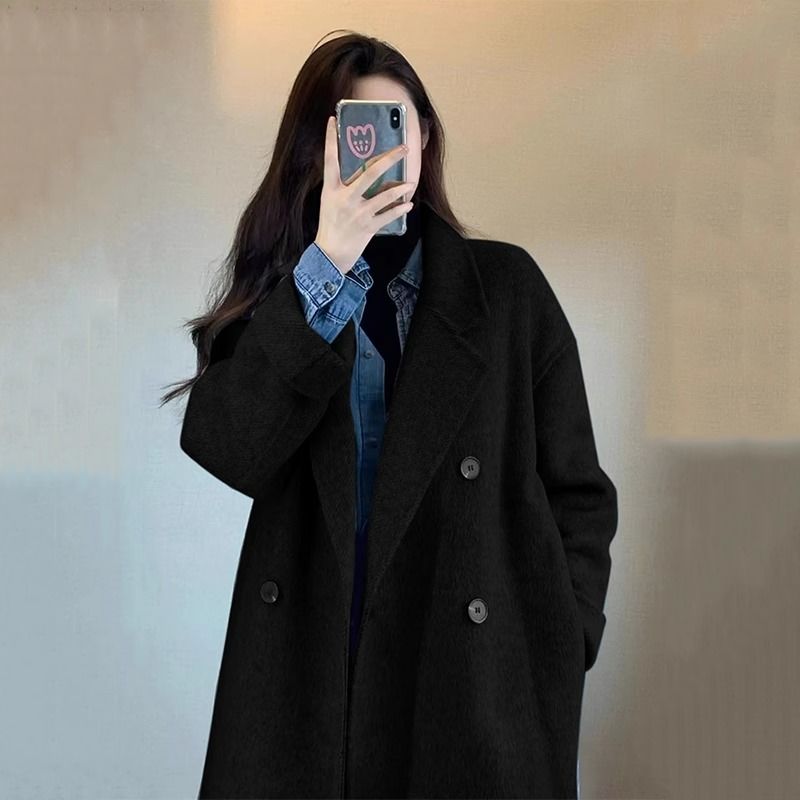 黑色呢子大衣女小個子新款秋冬季中長款赫本風高級感加厚毛呢外套