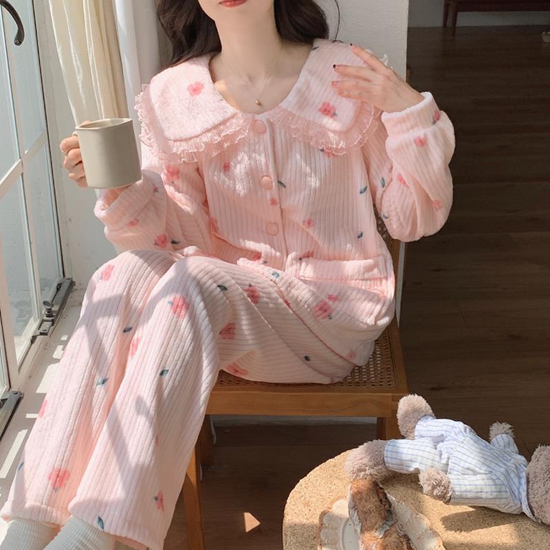 淺粉色櫻花珊瑚絨睡衣女秋冬季加厚長袖甜美少女法蘭絨家居服套裝