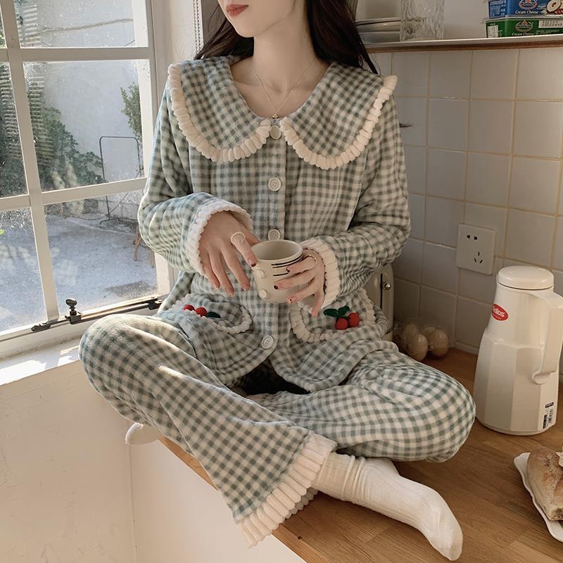 甜美可愛法蘭絨睡衣女秋冬季韓版格子加絨保暖珊瑚絨家居服套裝冬