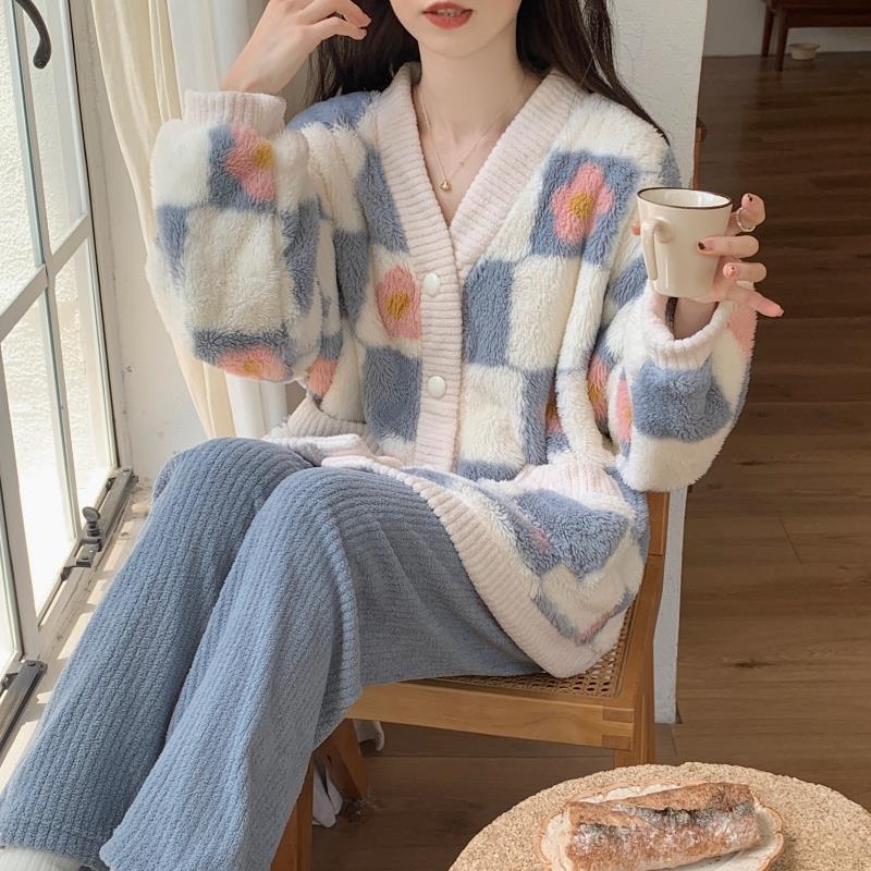 睡衣女秋冬季加厚珊瑚絨雪膚絨開衫格子印花2023新款家居服可外穿