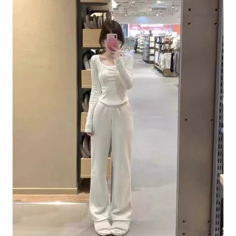 雙面德絨長袖T恤女秋冬方領內搭打底衫u領磨毛打底衫女內搭辣妹