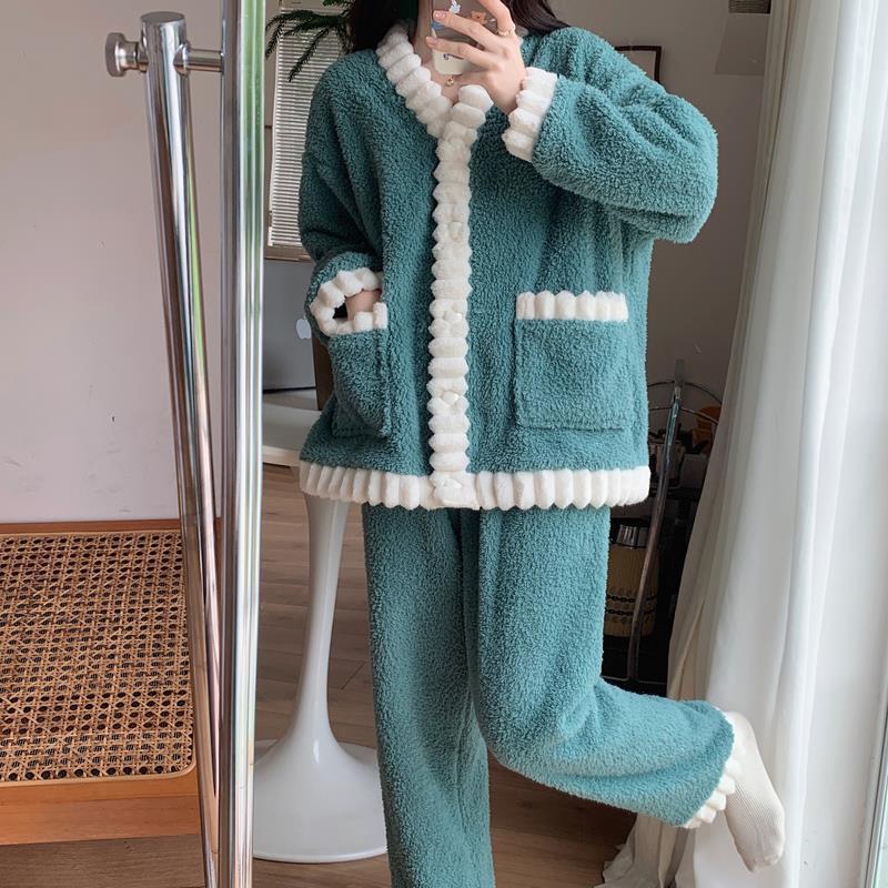 珊瑚絨睡衣女開衫款秋冬季加厚套裝甜美純色小香風法蘭絨家居服冬