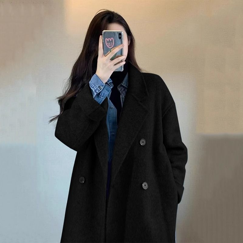 黑色呢子大衣女小個子新款秋冬季中長款赫本風高級感加厚毛呢外套
