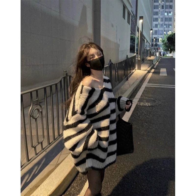 黑白條紋v領套頭大版毛衣女新款秋冬季寬鬆慵懶風針織衫上衣