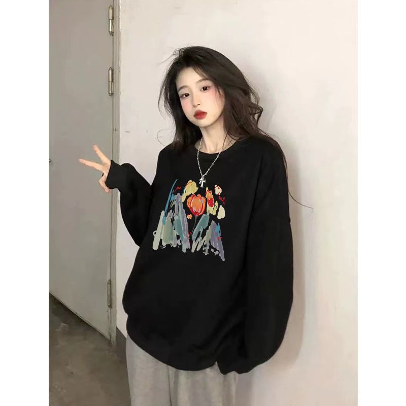 ins超火印花無帽薄款長袖衛衣女秋冬oversize外套韓版潮慵懶上衣