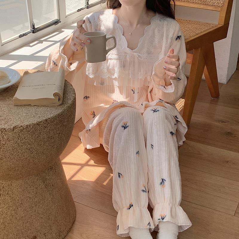 法蘭絨睡衣女秋冬加絨薄絨法式甜美套頭短絨牛奶絨公主家居服套裝