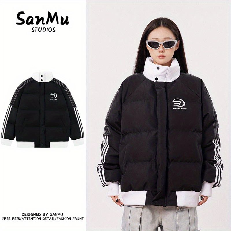 冬季國潮拼色側邊條紋棉衣棉服男女學院風加厚情侶裝麵包服外套潮