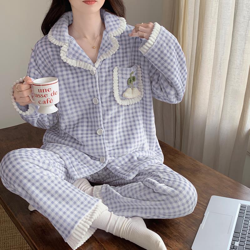 秋冬季睡衣女珊瑚絨日系格子加厚保暖法蘭絨甜美公主風家居服套裝