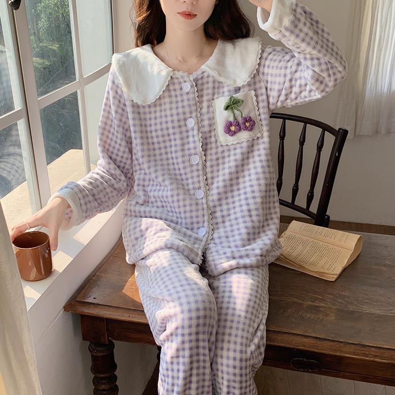 珊瑚絨睡衣女秋冬季加厚款開衫套裝翻領甜美可愛法蘭絨長袖家居服