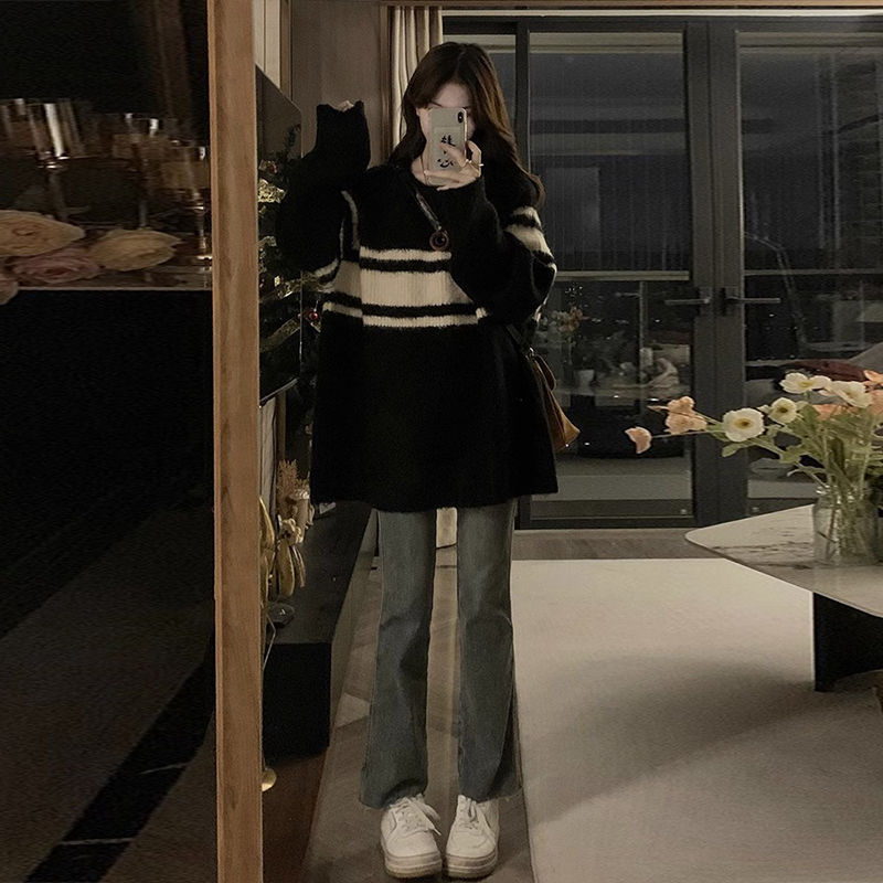 高級感超好看上衣黑色條紋情侶短寬鬆毛衣女秋冬季慵懶風新款