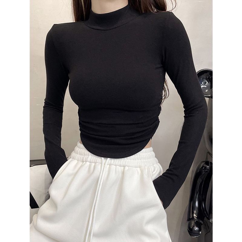 德絨修身保暖內搭長袖加絨t恤上衣女半高領春秋冬正肩百搭打底衫
