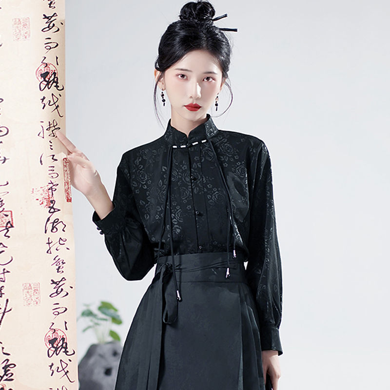 古風漢服上衣配馬面裙的襯衣長袖國風女裝黑色對襟立領新中式襯衫