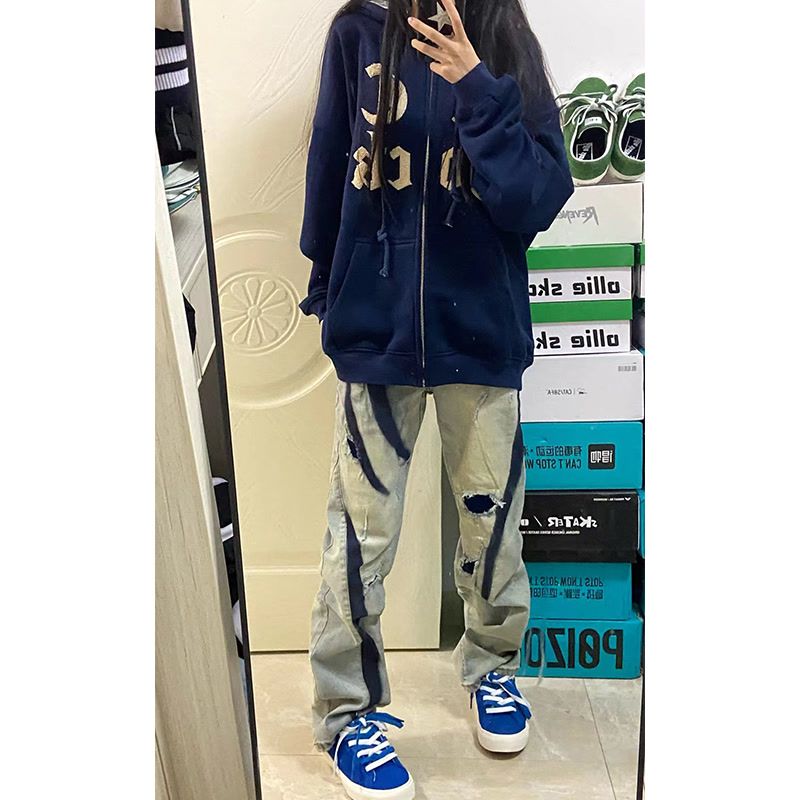 破洞牛仔褲男女春秋季oversize高級感痞帥直筒黃泥色修身休閒褲