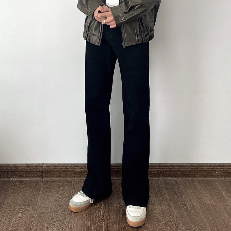 美式高級感水洗黑色加絨微喇叭牛仔褲男女潮牌修身百搭顯瘦長褲子