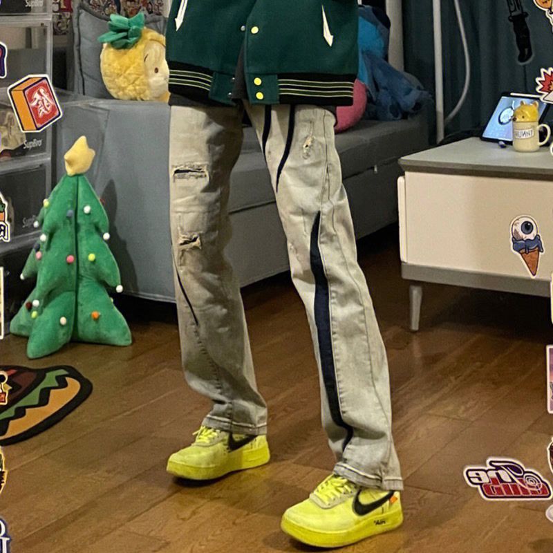 美式vibe復古做舊破洞牛仔褲男高街ins潮牌設計感痞帥寬鬆闊腿褲
