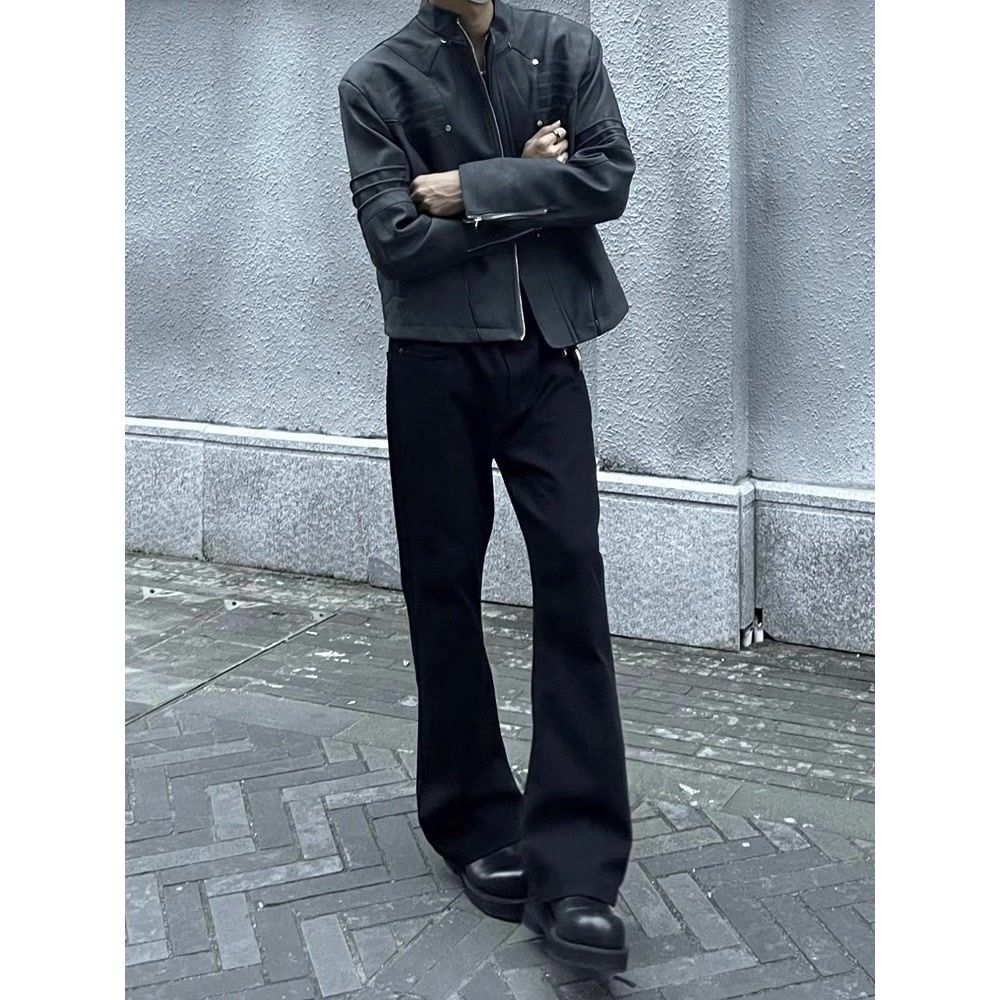 美式高街cleanfit黑色微喇牛仔褲男潮牌高街vibe風修身顯瘦長褲潮