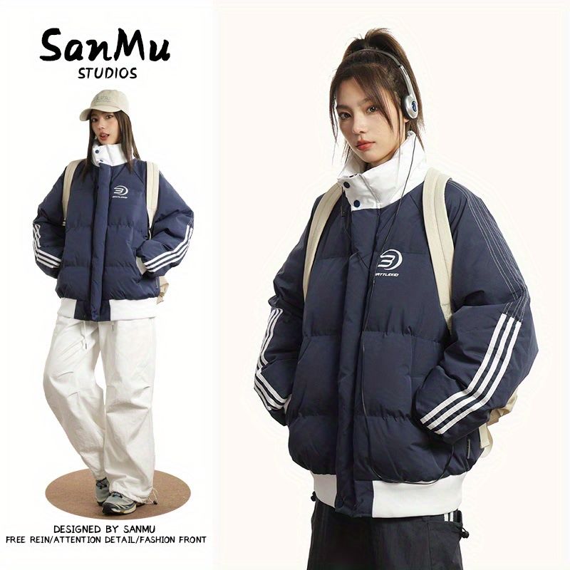 美式復古條紋棉衣學院風寬鬆加厚麵包服冬季新款保暖情侶棉服外套