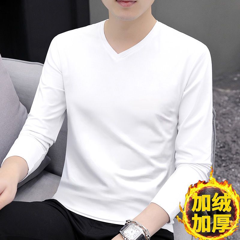 V-neck plus velvet long-sleeved men's T-shirt solid color new autumn and winter bottoming T-shirt clothes casual thickened cotton top