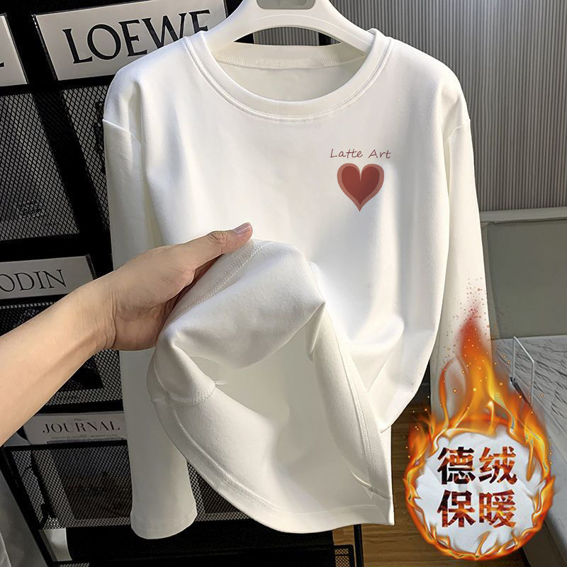 加厚雙面德絨圓領白色印花打底衫女加絨秋冬磨毛內搭寬鬆長袖t恤