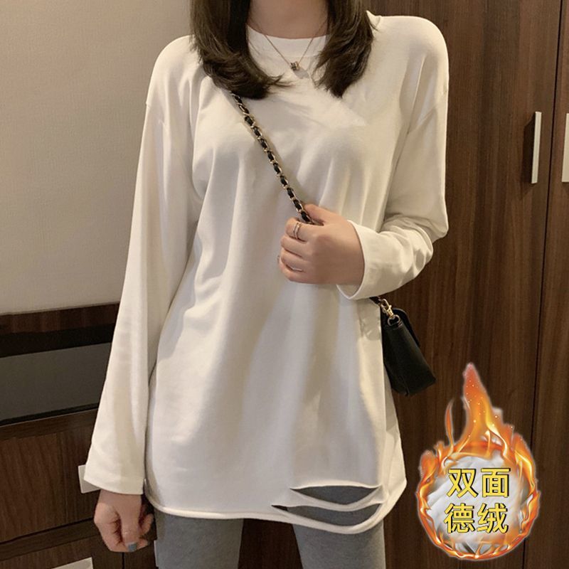 德絨保暖打底衫內搭女秋冬新款加絨加厚白色寬鬆百搭圓領長袖上衣
