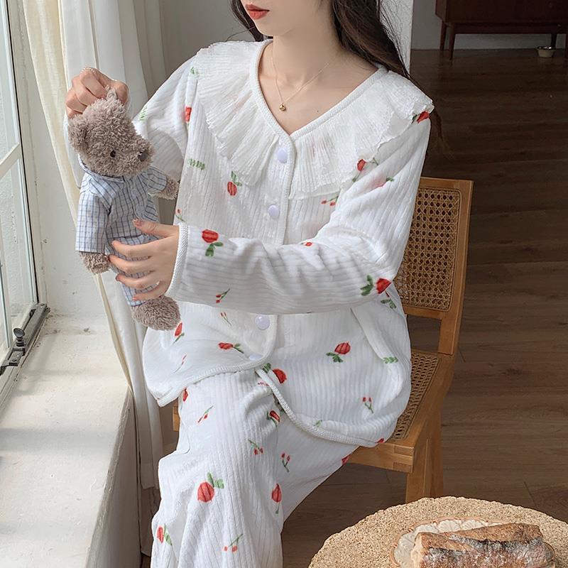 秋冬季珊瑚絨睡衣女加厚開衫套裝甜美可愛花邊小香風法蘭絨家居服