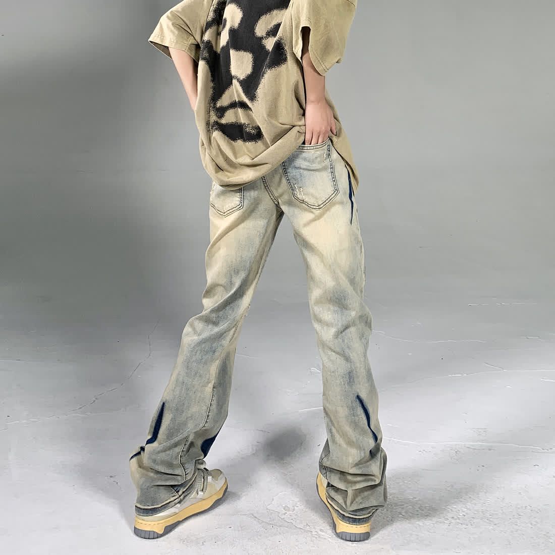 国潮oversize裤子设计感喷印拼色破洞牛仔裤男美式高街微喇直筒裤