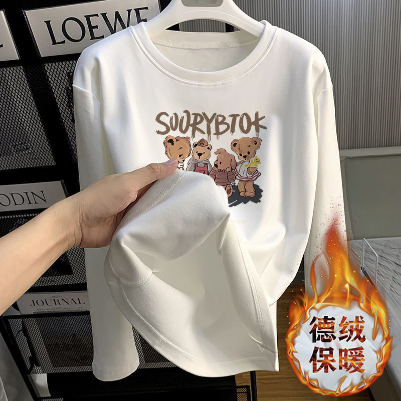 加厚雙面德絨圓領白色印花打底衫女加絨秋冬磨毛內搭寬鬆長袖t恤