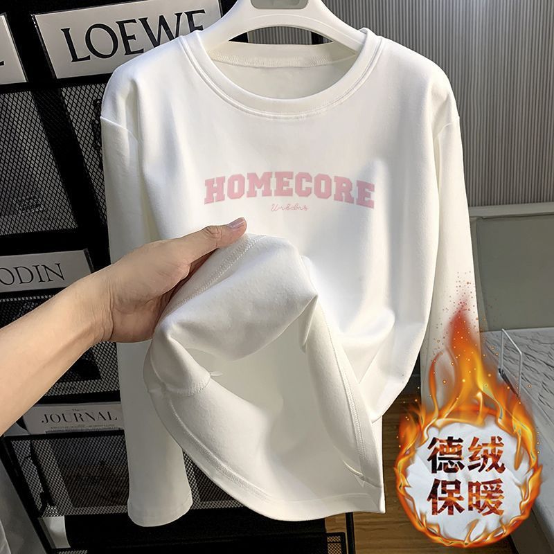 加厚雙面德絨圓領白色印花打底衫女加絨秋冬磨毛內搭寬鬆長袖t恤