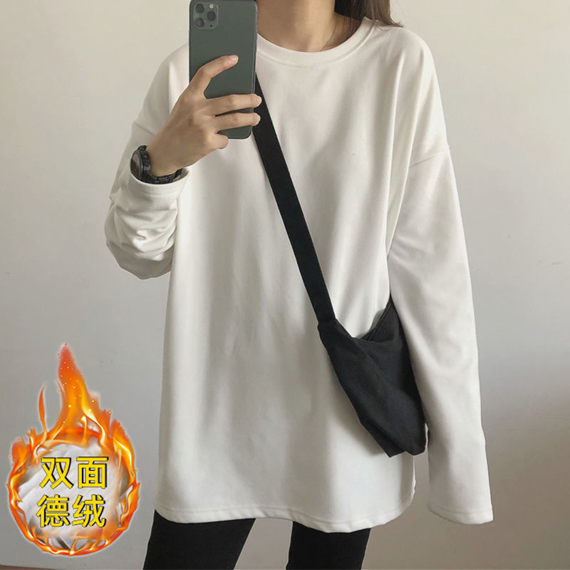 2023雙面德絨打底衫女白色T恤秋冬加厚保暖圓領寬鬆磨毛上衣內搭