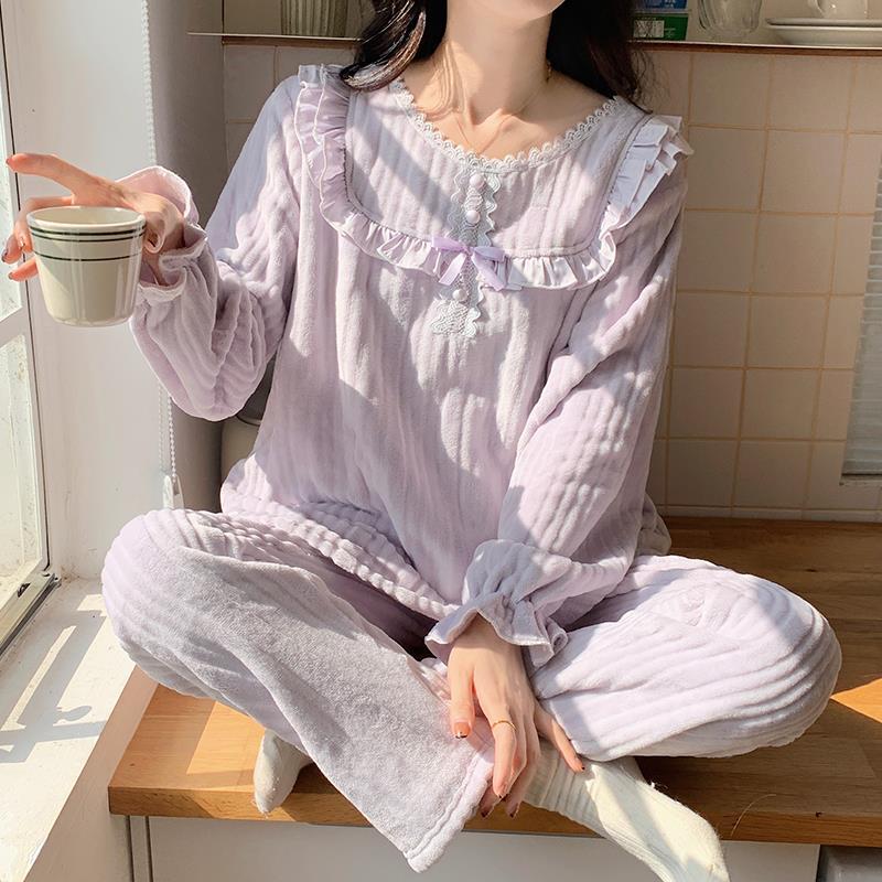 珊瑚絨睡衣女冬季加絨加厚款套裝甜美花邊公主風純色法蘭絨家居服