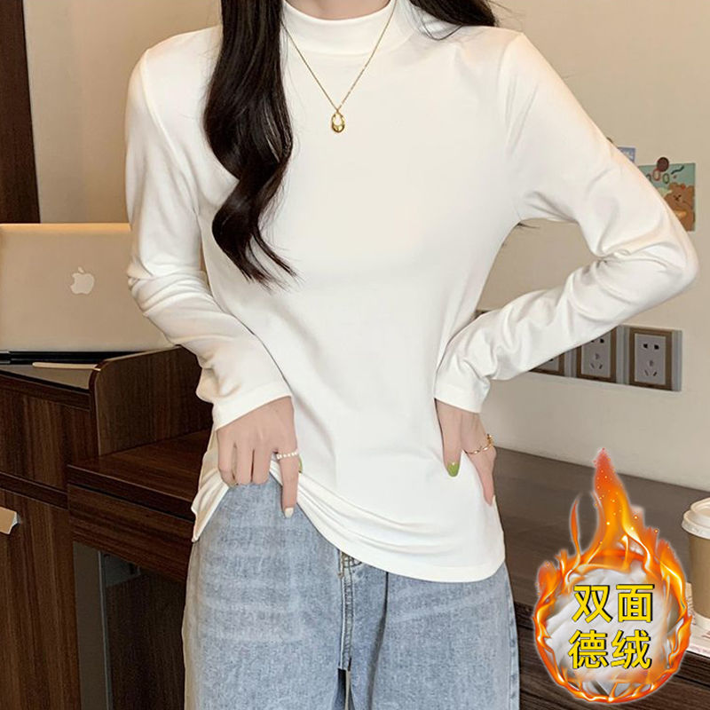 女秋冬季2023新款潮加絨加厚半高領打底衫保暖內搭長袖T恤上衣服