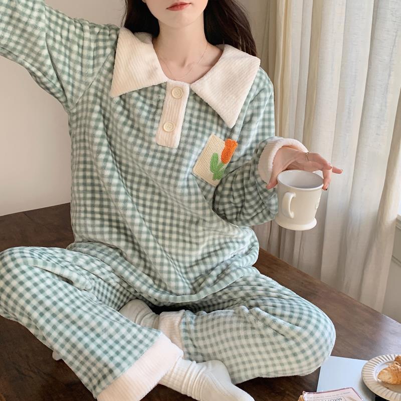 甜美小桔花格子珊瑚絨睡衣女秋冬季可愛日系長袖法蘭絨套裝家居服