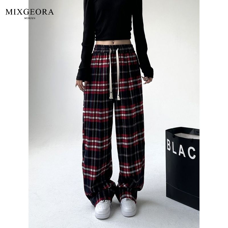 MIX GEORA格子休閒褲男女秋冬季高腰寬鬆闊腿褲慵韓版休閒休閒褲