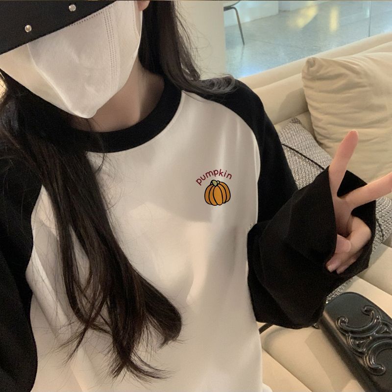 純棉美式復古拼接插肩長袖t恤女秋季oversize設計小眾黑白撞色ins