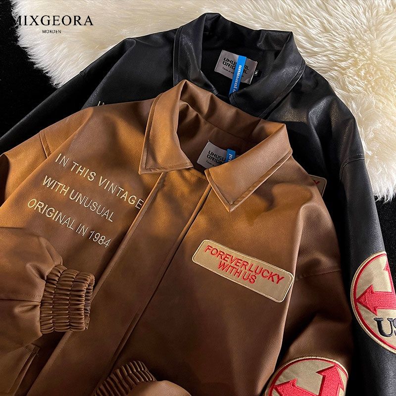 MIX GEORA American high street pilot leather jacket men's couple unisex retro loose baseball jacket