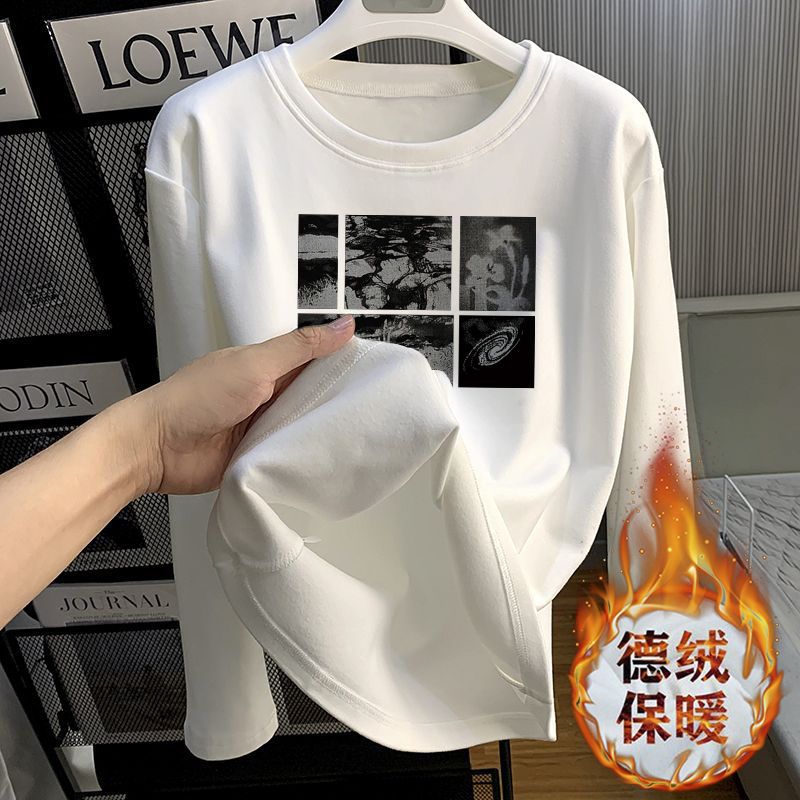 加厚雙面德絨圓領白色印花打底衫女加絨秋冬磨毛內搭寬鬆長袖t恤