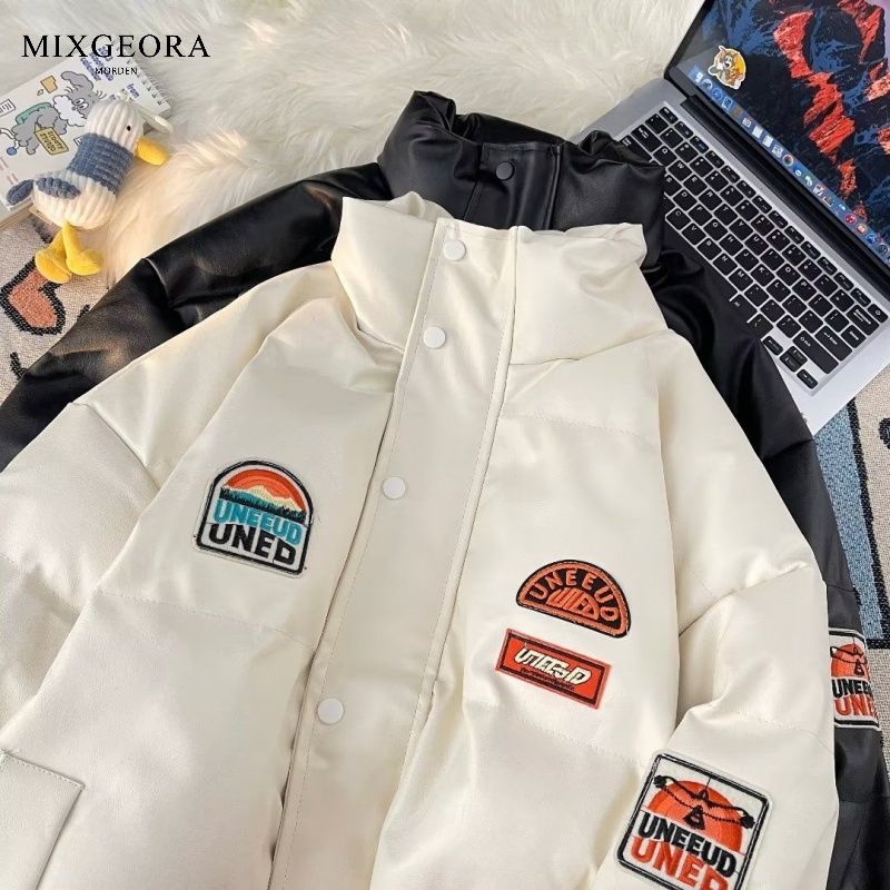 MIX GEORA冬季加厚刺繡pu皮棉衣男女潮流立領寬鬆皮棉服貼標外套