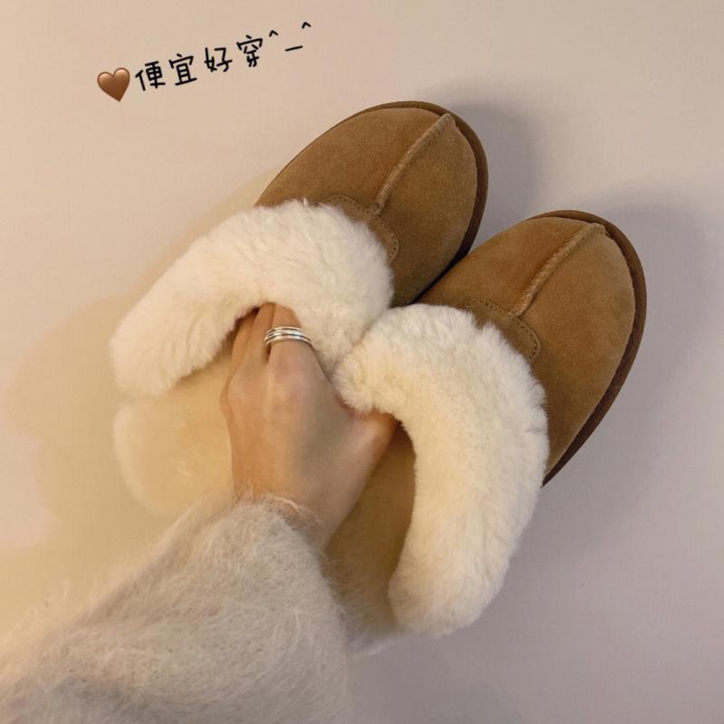 外穿加絨短筒雪地靴女冬季加厚毛毛拖鞋東北保暖大棉鞋毛毛鞋